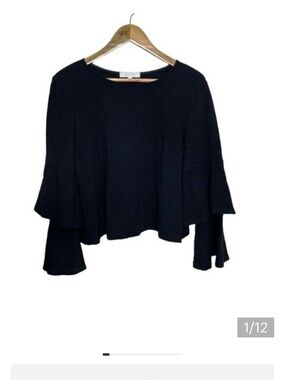 Eri + Ali Black Tiered Long Sleeve Scoop Neck Modal Blend Top Large